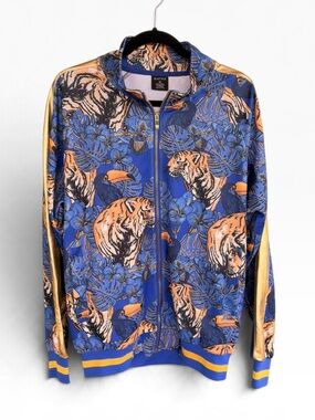 G-Style Women’s Tiger Tropical Floral Track Jacket Blue Gold Size M